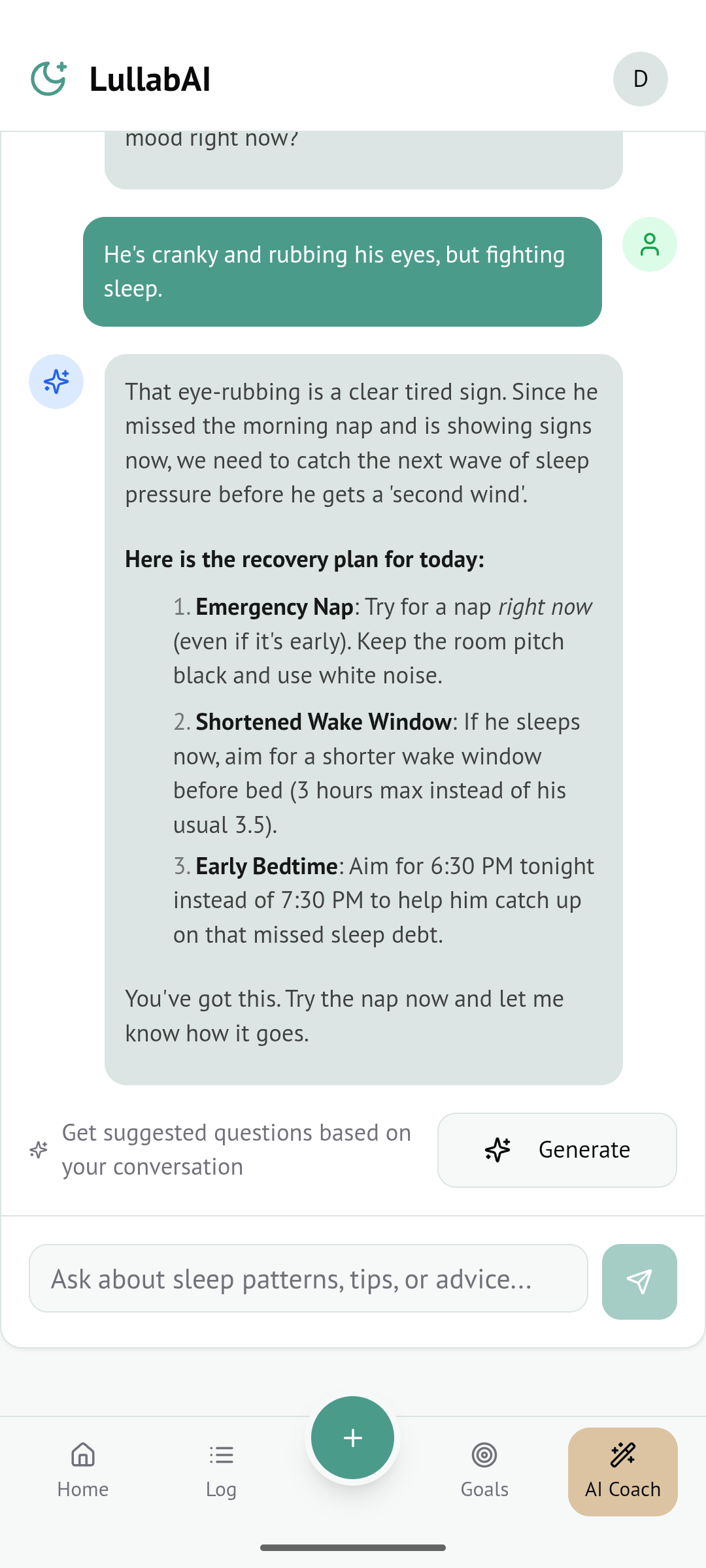 Lullabai AI Sleep Coach Interface on Mobile Screen